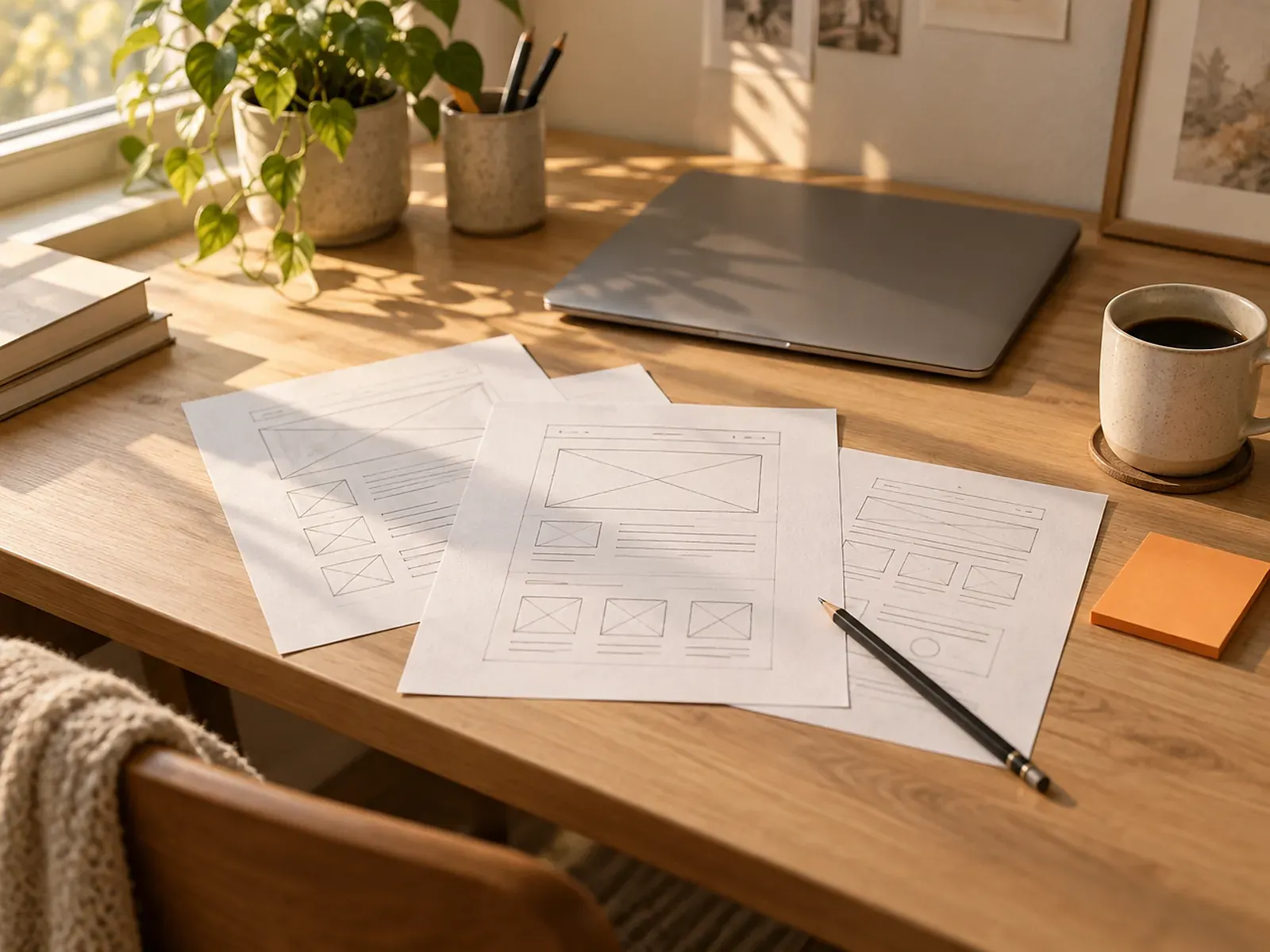 Een houten bureau in warm middaglicht met drie vellen geschetste wireframes, een potlood, een dichte laptop, een kop koffie en een oranje memoblaadje