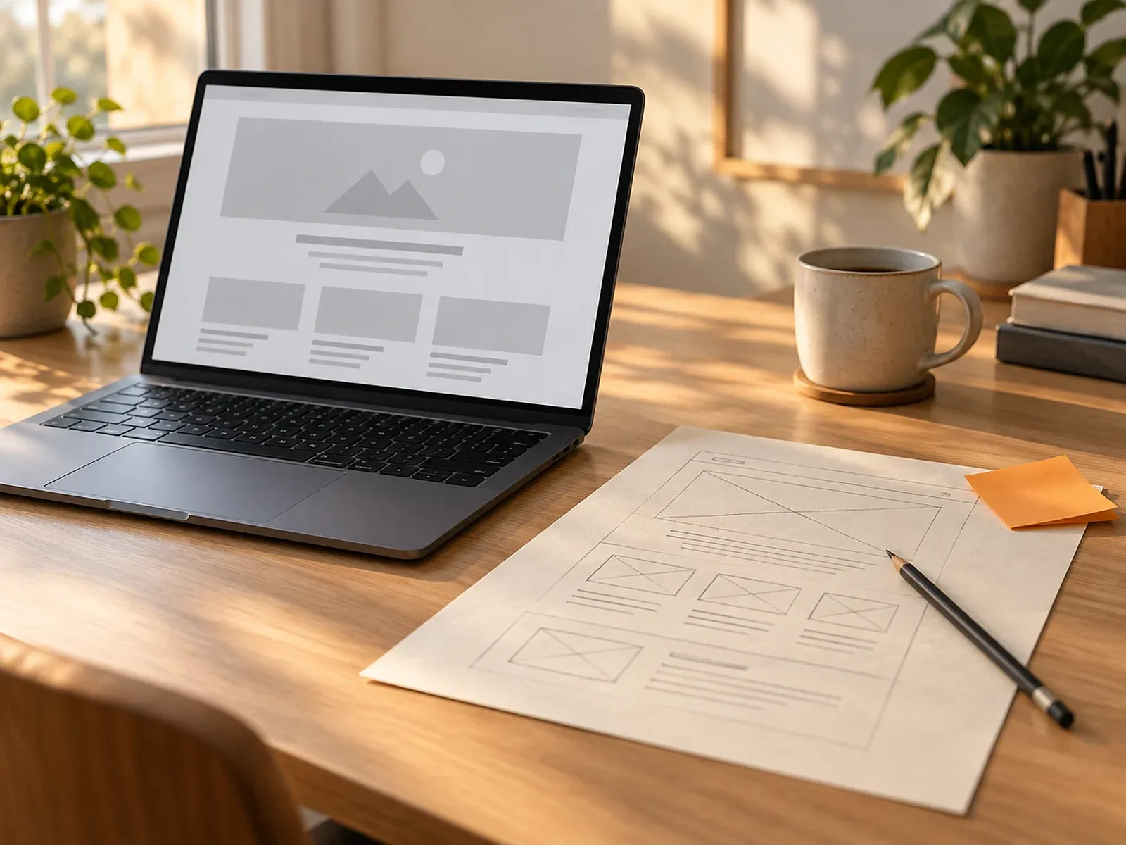 Een opengeklapte laptop met een grijs standaardtemplate op het scherm, ernaast op een houten bureau een potloodschets van een eigen ontwerp met een oranje memoblaadje