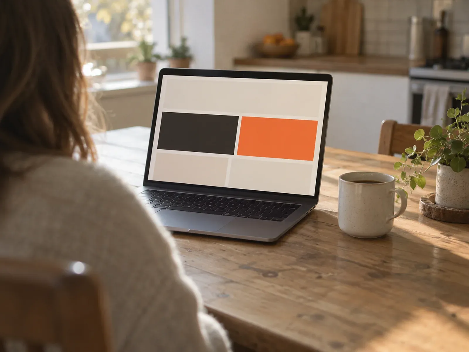 Iemand van achteren gezien aan een keukentafel met een opengeklapte laptop, op het scherm een rustige pagina met een donker en een oranje vlak, ernaast een koffiemok