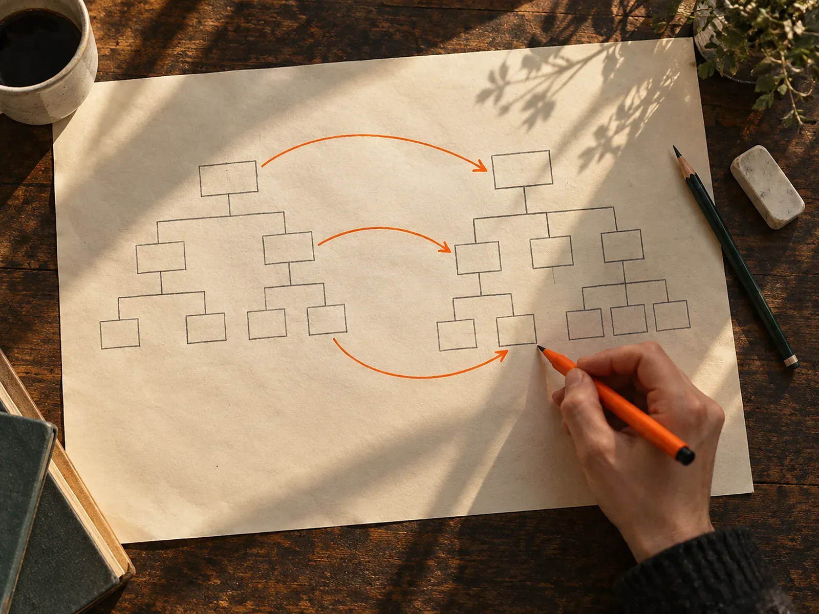 Bovenaanzicht van een met potlood getekende sitemap op papier, met oranje pijlen van de oude boomstructuur naar de nieuwe en een hand met een oranje stift
