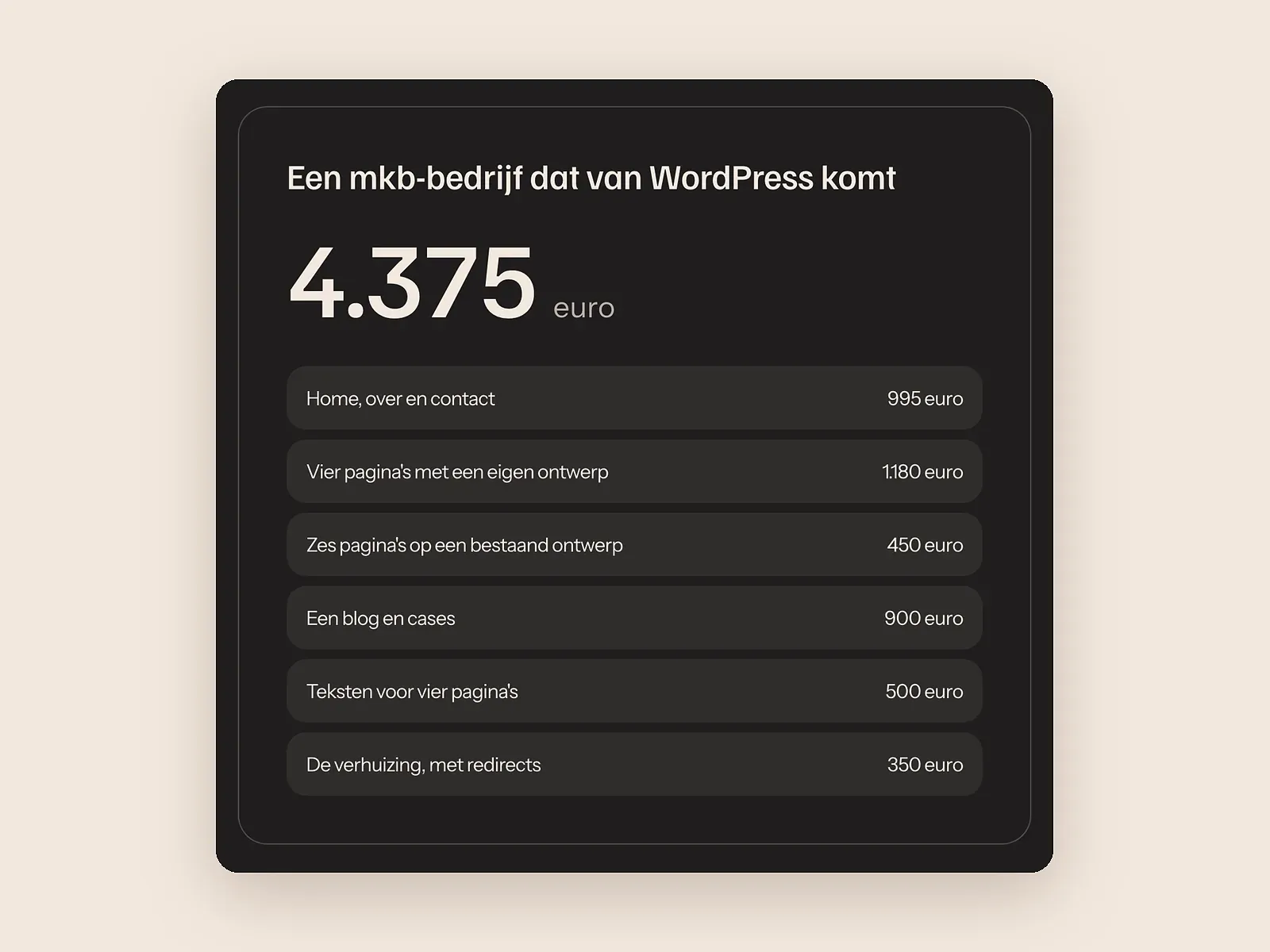 Schermafbeelding van de kostenpagina van minvier.nl met het rekenvoorbeeld van een mkb-bedrijf dat van WordPress komt, uitgesplitst in posten tot 4.375 euro