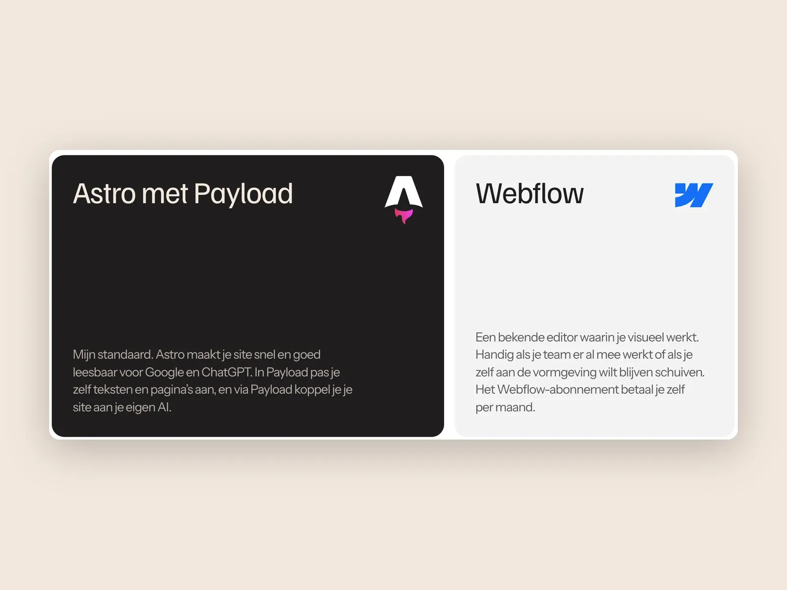 Schermafbeelding van minvier.nl met twee kaarten naast elkaar: een donkere kaart voor Astro met Payload en een lichte kaart voor Webflow, elk met een korte uitleg