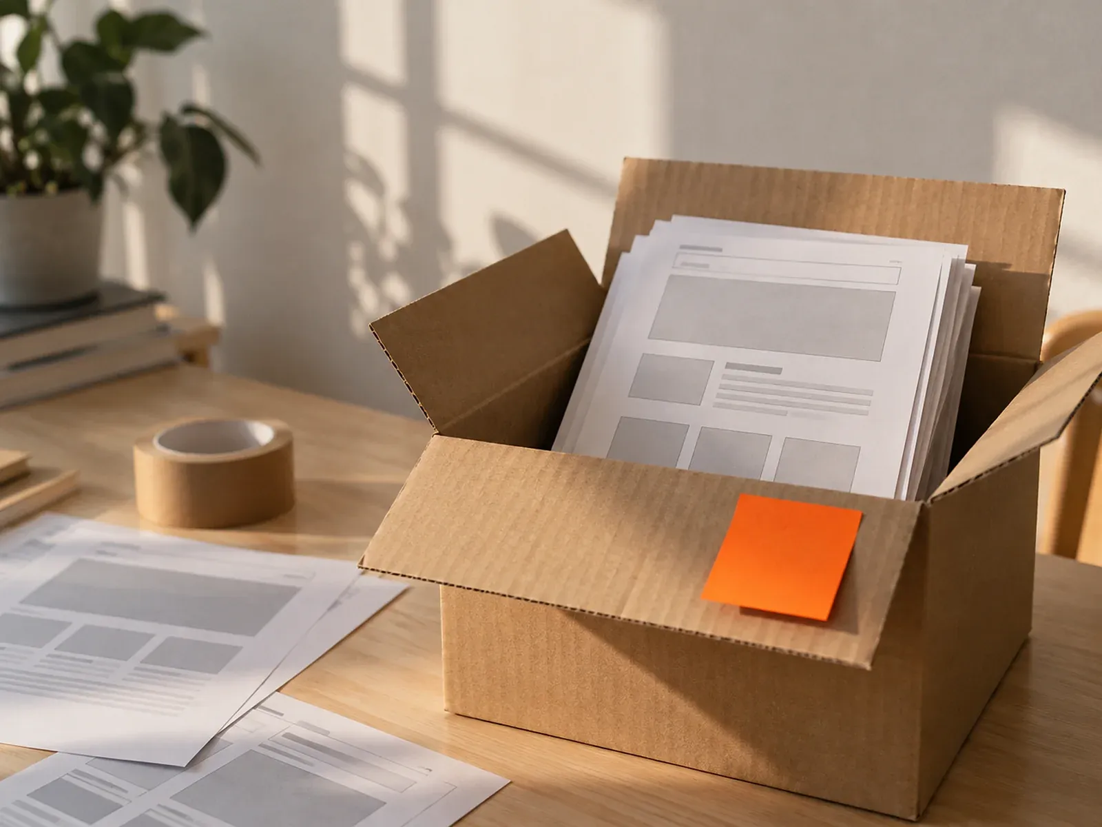 Een open verhuisdoos op tafel vol geprinte wireframes, met een oranje memoblaadje op de flap, losse vellen en een rol plakband ernaast