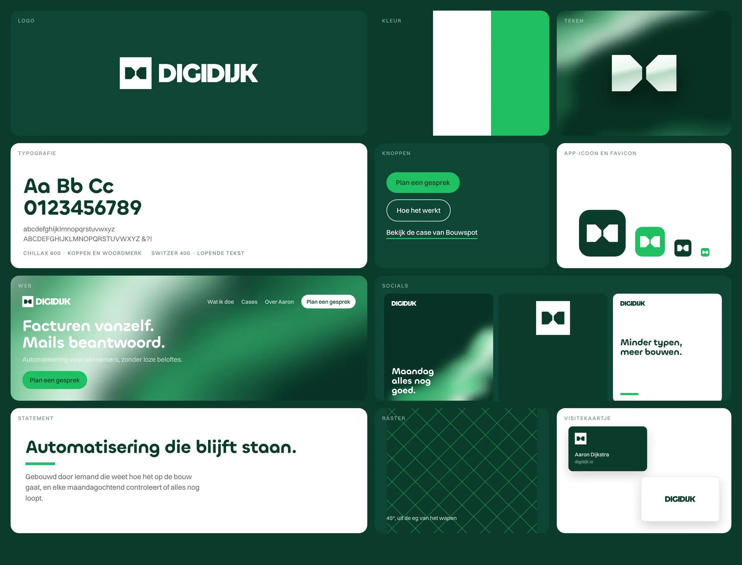 Het overzicht van de huisstijl van DIGIDIJK: logo, kleur, teken, letters, knoppen, app-icoon, site, socials, statement, raster en visitekaartje